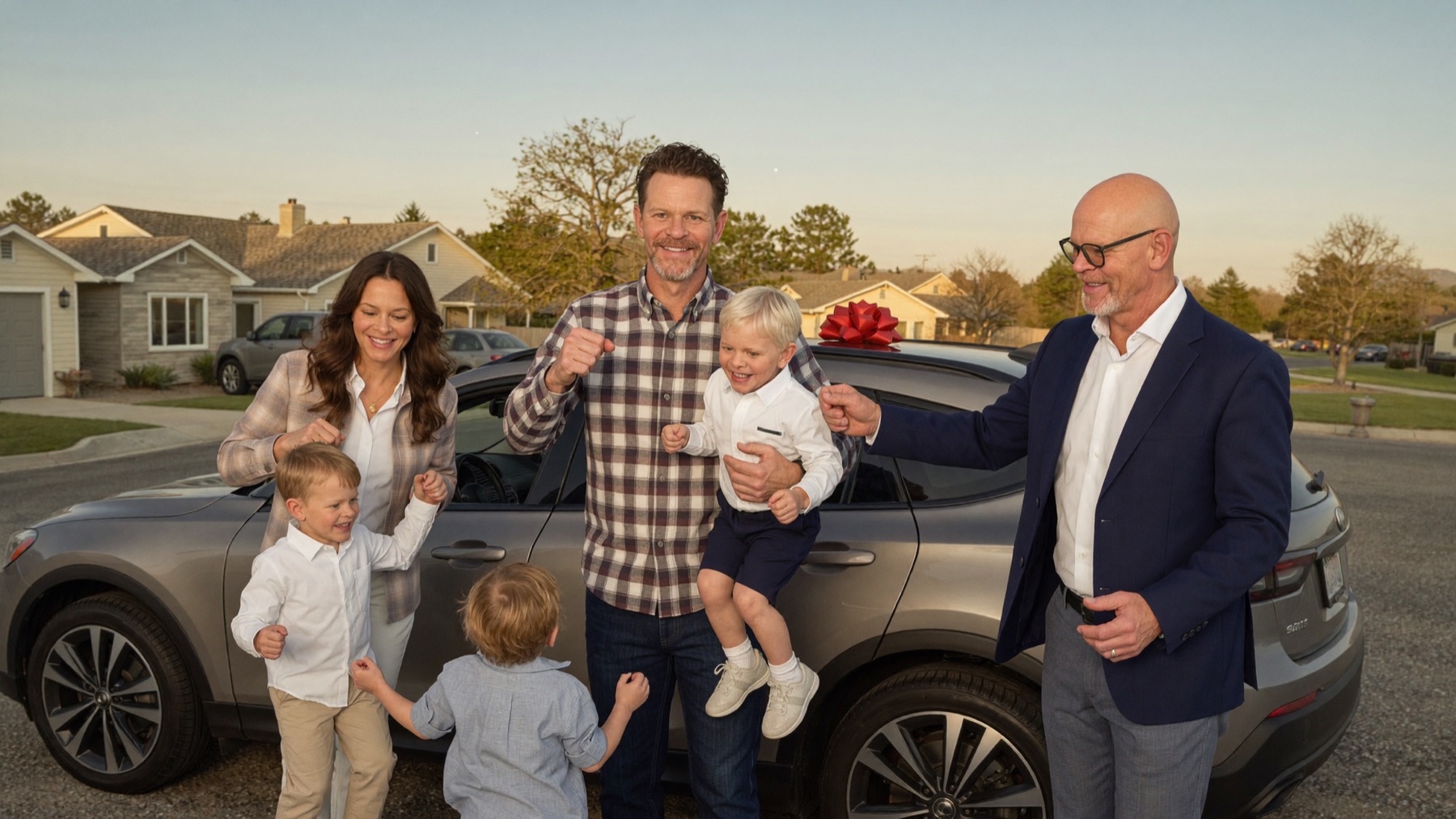 Bill handing keys to a young family